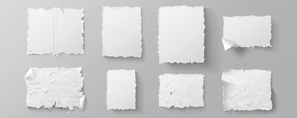 Torn white paper sheets isolated on transparent background. Modern illustration of torn, uneven edged white paper. Damaged letter mockup, document mockup, newspaper cutout.