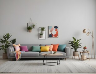 Empty living room with sofa in simple living room interior. 3D render