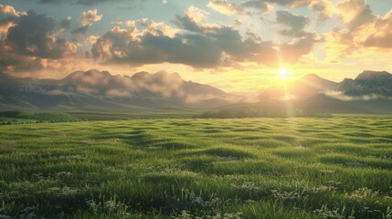 Obraz premium a green field at sunset generative ai