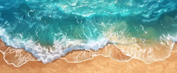 Selbstklebende Fototapeten A modern illustration of a wave of water lapping against a sea sand beach. A realistic ocean shore pattern with white foam and bubbles on golden beach. An aerial banner design of a tropical summer © Mark