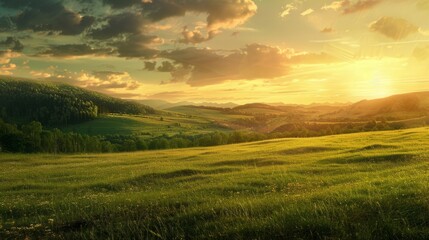 Obraz premium a green field at sunset generative ai