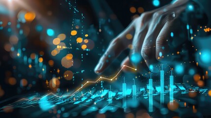 Business executive's hand indicating a rising digital chart arrow, demonstrating progress and optimism in business strategy