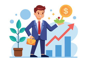 Investment growth, compound interest or dividend investing, profit earning from stock market, pension fund or saving, capital gain concept, businessman with grow graph and dollar sign profit return.