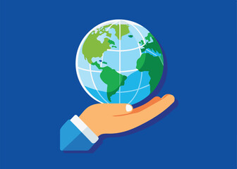 United Nations Day concept. Hand with the globe. Flat design vector illustration isolated on blue background.