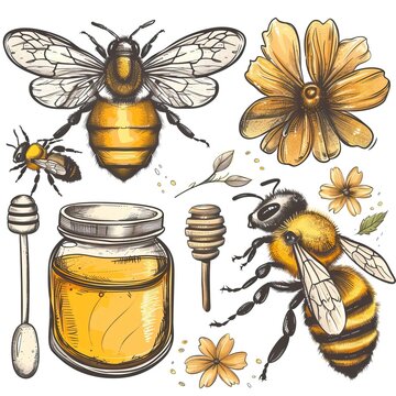 Bees set honey clipart Hand drawn bee honey elements
