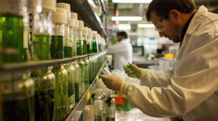 Biofuel Research and Development:researchers in a laboratory conducting research on biofuels, such as experiments with energy crops or algae.