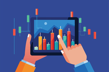 Digital close-up human hand holding tablet with abstract stock market candlestick. First-person view of trading app on technological background.