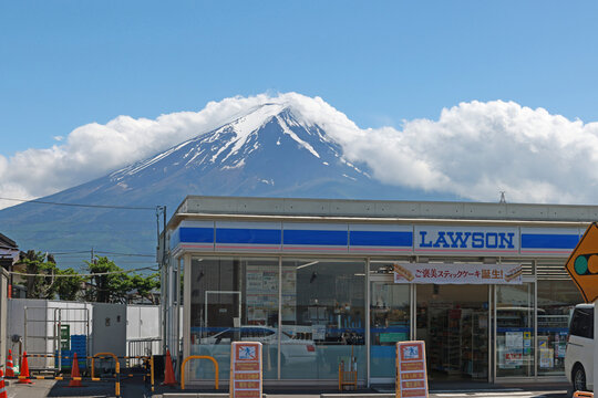 Kawaguchiko, Japan- May 22 2024 :  Mt Fuji view behind the convenience store Lawson