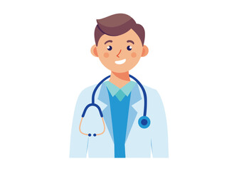 Portrait of smiling doctor or health worker in medical uniform with stethoscope. Avatar of young physician in coat. Colored flat cartoon vector illustration of medic specialist isolated on white.