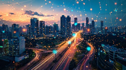 Smart City Infrastructure: Depict smart city infrastructure with connected public services, advanced transportation systems