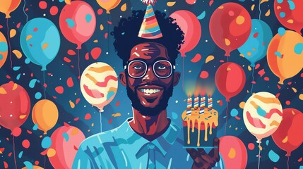 Man with party hat celebrating birthday with cake and balloons