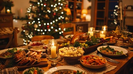 Fototapeta premium A warm and cozy New Year's Eve family feast. A large wooden table is set with a variety of delicious dishes, including roasted turkey