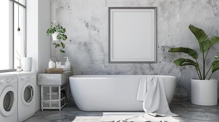 Modern Bathroom Interior with Bathtub, frame mockup, 3d render, 3d illustrations.