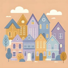 Fototapeta premium Image with repeating pattern, light pastel colors, with different houses