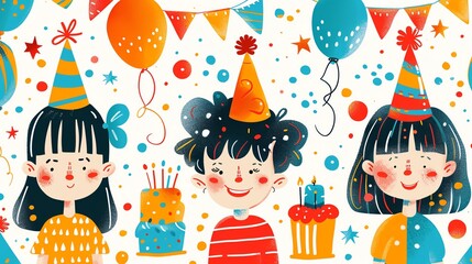 Three children celebrate a birthday with cake and balloons.