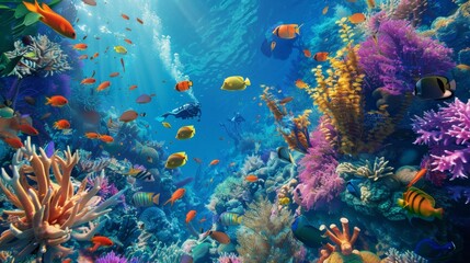 Naklejka premium Exploring the Colorful Depths: Scuba Diving Among Diverse Marine Life