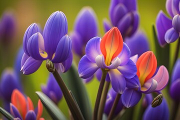 Beautiful spring crocus flowers in the garden. Floral background. ai generative