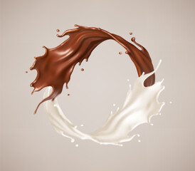 Milk and chocolate splash swirls and flow. Melted brown choco and milky waves with drops. Realistic vector illustration
