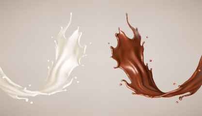 Milk and chocolate splash. Milkshake and melted brown choco. Realistic vector illustration