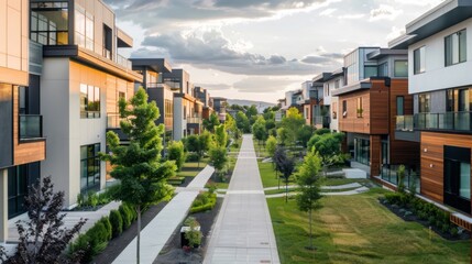 Fototapeta premium Development of a tech-integrated residential community, featuring smart homes and connected infrastructure, showcasing modern living in a suburban environment, emphasizing convenience and innovation. 