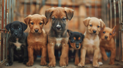 Several abandoned puppies standing and looking with sad eyes, wanting to find a home and owner, dogs waiting to get feed, eyes filled with anticipation, Concept of adopting a pet from a shelter