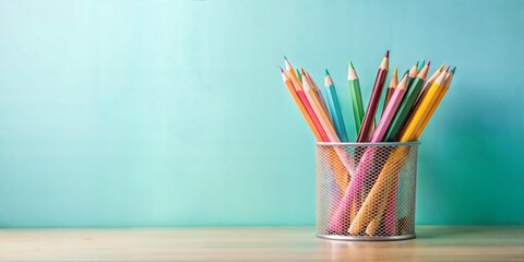 Mesh pencil holder with assorted colorful pencils set against a soft blue background with copy space, symbolizing school supplies organization