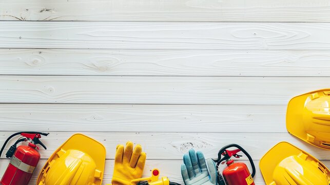 various safety equipment including hard hats, gloves and fire extinguishers arranged on a white wooden flooring with space for text at the bottom of the frame.