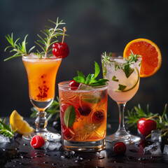 Fototapeta premium Three drinks with garnishes on the side, including a cherry and a lemon. The drinks are in different glasses, and the table is covered with raspberries and ice