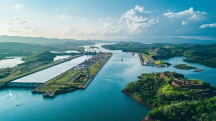 Obraz premium Expansion of the Panama Canal, featuring massive locks and waterways, showcasing engineering marvels in a tropical environment, emphasizing global trade and infrastructure. 