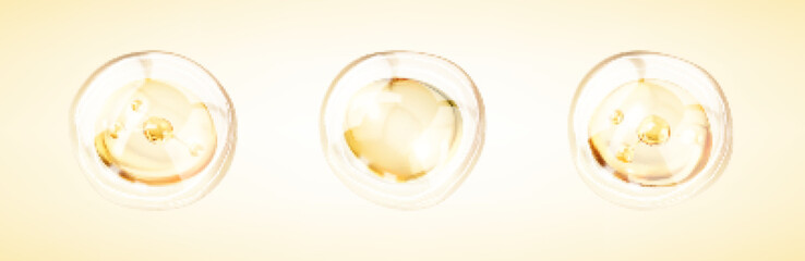 Golden collagen serum drops. Molecule inside bubble on yellow background. Concept skin care cosmetics solution. Vector illustration