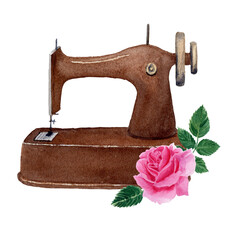 Brown vintage sewing machine with pink rose, isolated watercolor painting on white background. For posters, logo, label, postcards, stickers