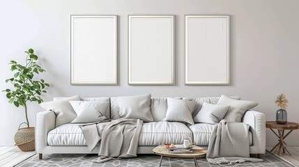 Modern Living Room Interior with White Sofa and Blank Canvas Mockup, frame mockup, 3d render, 3d illustrations.