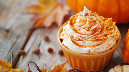 The image shows a delicious pumpkin pie topped with whipped cream, creating a mouth-watering treat to indulge in.