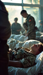 Injured Military Combat Soldiers with bandages lying in busy hospital Service Healthcare Medical Treatment Concept