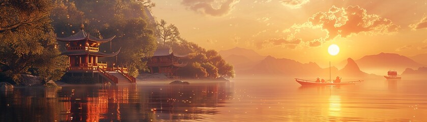 Obraz premium Historic temple at sunset with golden reflections on water, warm colors, photorealistic, tranquil and serene atmosphere 8K , high-resolution, ultra HD,up32K HD