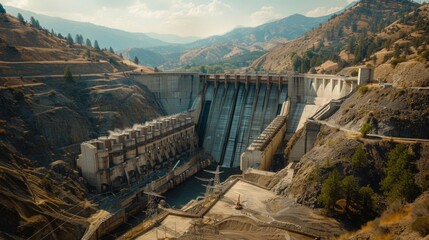 Large construction project featuring a hydroelectric dam, showcasing monumental concrete structures in a mountainous setting, emphasizing renewable energy and environmental impact. 