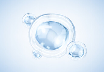 Transparent blue liquid bubbles. Collagen serum bubbles. Cosmetic essence. Concept skin care cosmetics solution. Vector 3d illustration