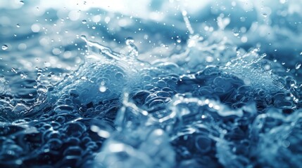 This high-quality background features the intricate motion of water, with waves and droplets frozen in time. The image exudes a sense of calm and freshness, enhanced by the cool blue tones. Perfect