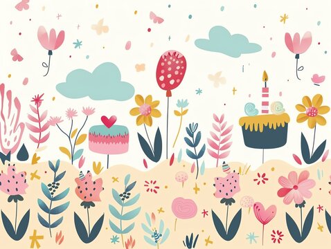 Cute birthday illustration with flowers, cake and balloons.