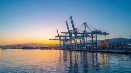 Major port facility construction, featuring shipping docks and container cranes, showcasing expansive industrial design in a coastal setting, emphasizing logistics and maritime trade. 