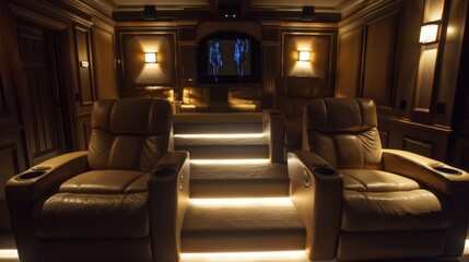 Ultimate Luxury Home Theater Experience with Reclining Leather Seats and Ambient Mood Lighting