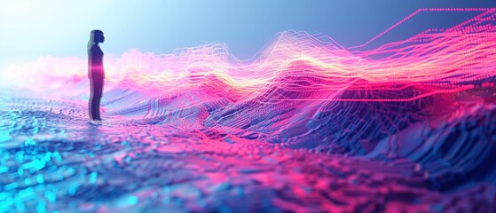 Human interacting with a holographic stock market dashboard, futuristic, blue and orange, digital art, hightech ambiance