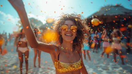 Young Woman Celebrating at a Beach Party with Confetti and Friends