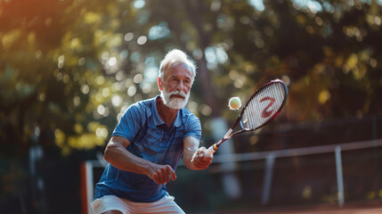An elderly man with a white beard and hair, dressed in a blue sports shirt, is playing tennis outdoors, demonstrating health care and exercise