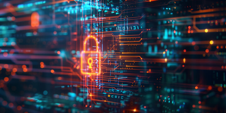 Digital background featuring cyber security, with an orange and blue color theme, in the futuristic tech style, a glowing padlock with data flowing in the air, with a hologram effect, blurred digital 