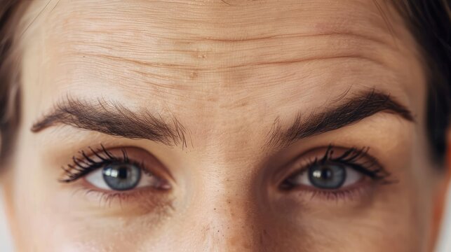 Close-up of a woman's forehead with visible lines and wrinkles, highlighting the effects of aging and the need for skincare