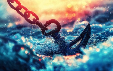 Chain, anchor, nautical close up, focus on, copy space vibrant colors, Double exposure silhouette with ocean waves