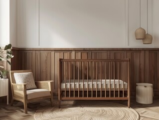 Modern Nursery Interior with Wooden Crib and Wicker Chair, frame mockup, 3d render, 3d illustrations.