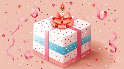 Obraz premium Birthday gift box with a candle and confetti