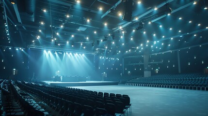 Corporate event in a large hall with stage and seating